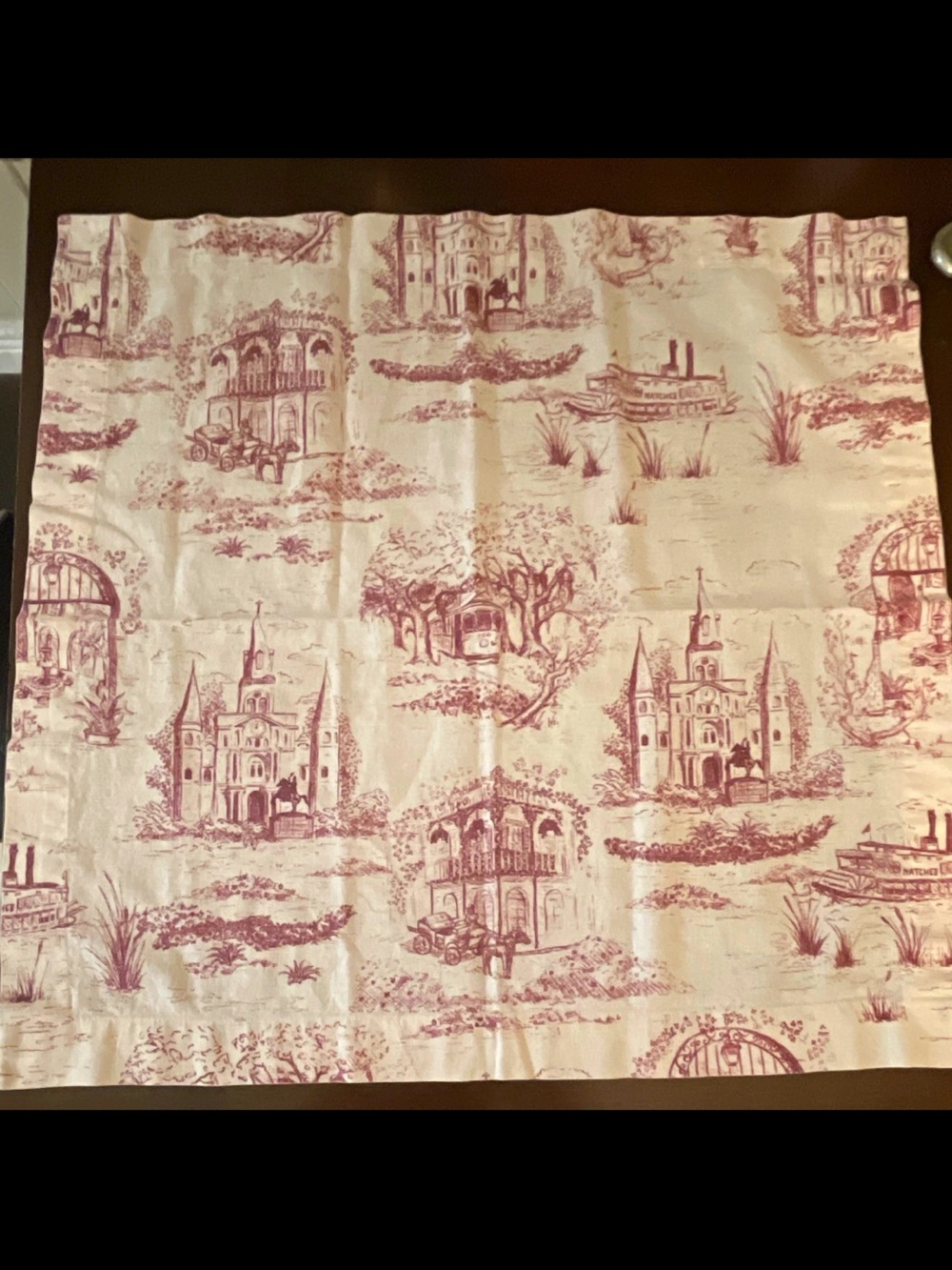 Vintage Toile Fabric Panel in Burgundy on Cream